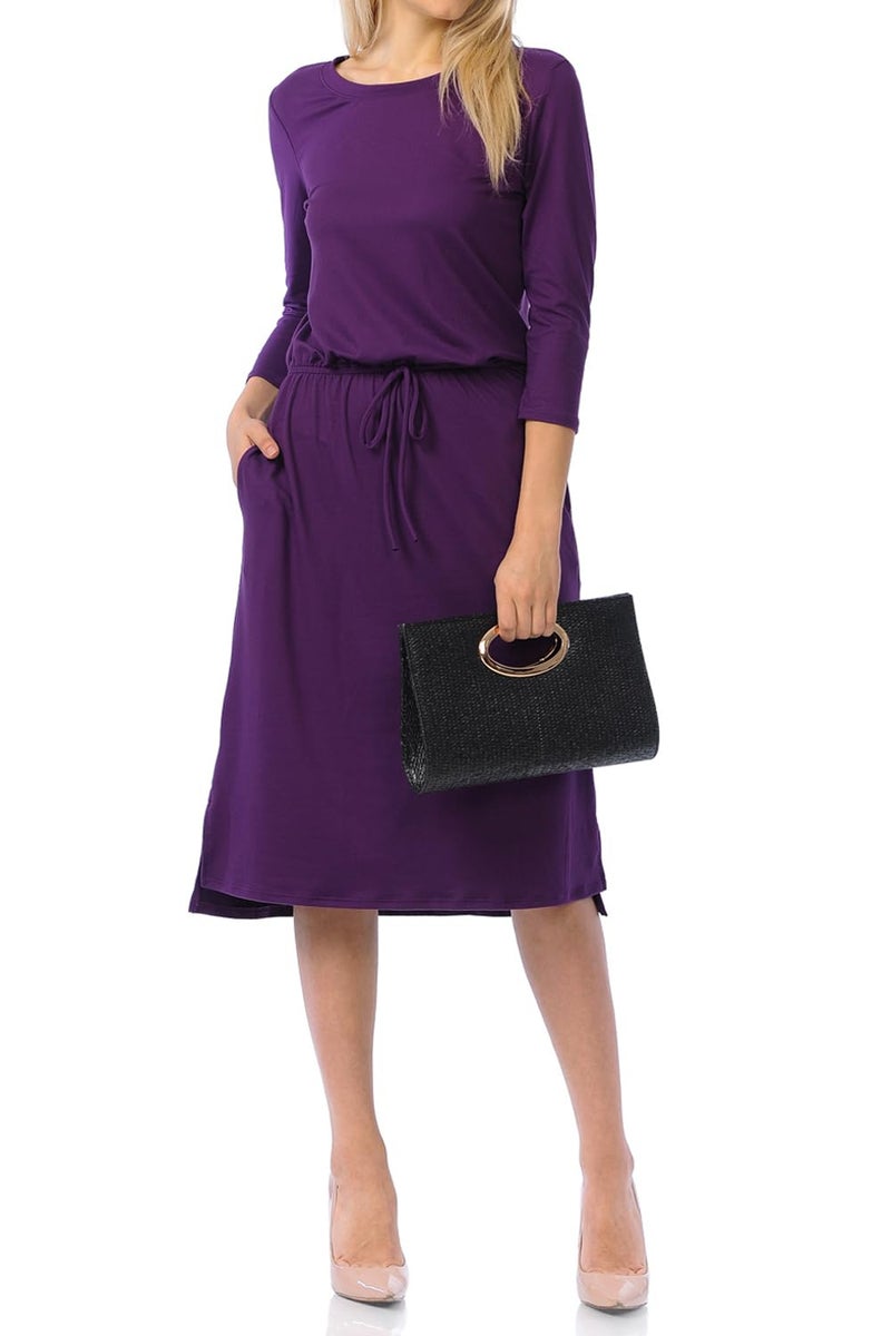 iconic luxe Women's Relaxed Midi Dress with Elastic Waist Medium Purple - Image 1